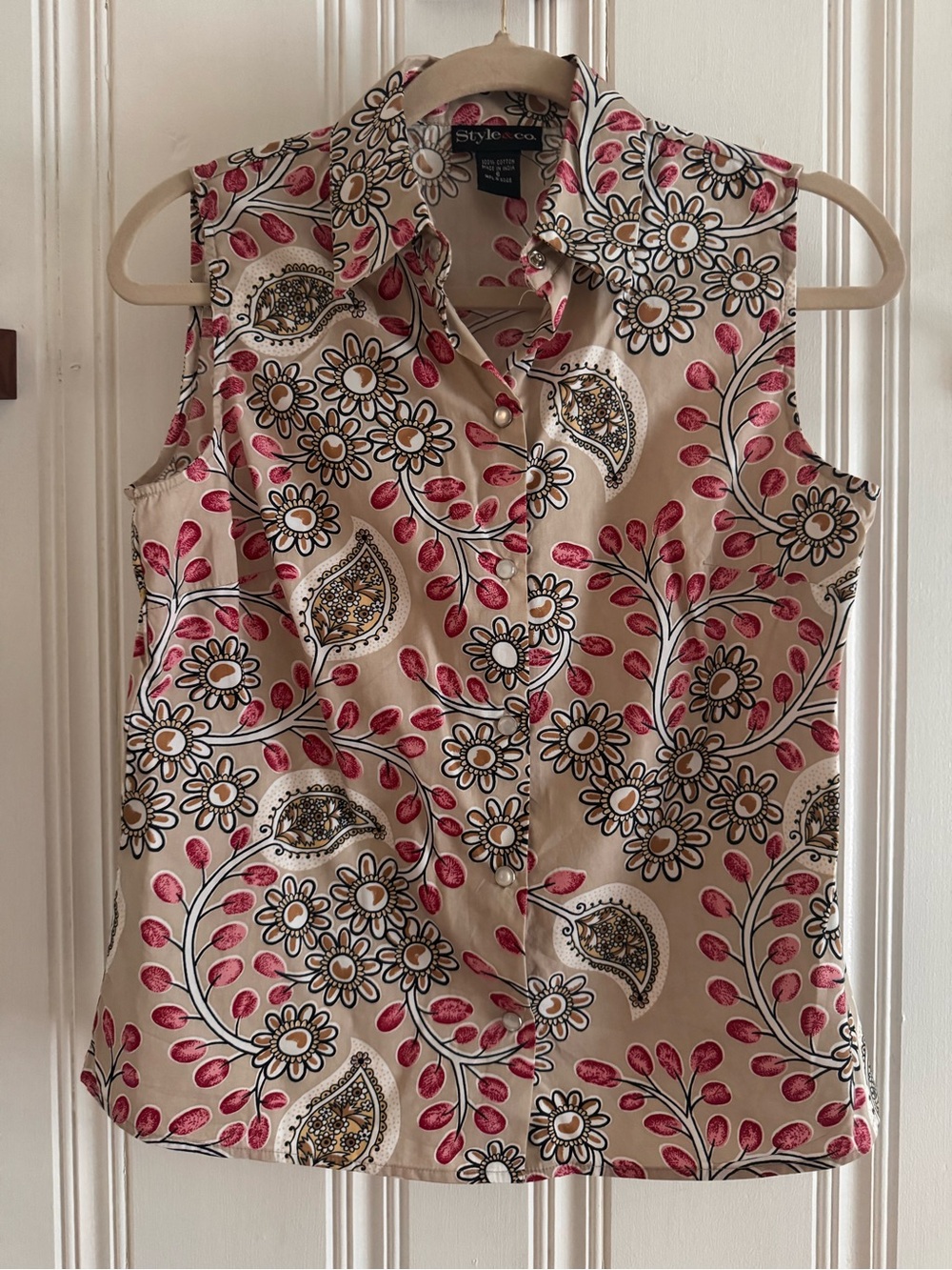 Style & Co. Beige Sleeveless Button-Front Floral Paisley Top with Pink Accents